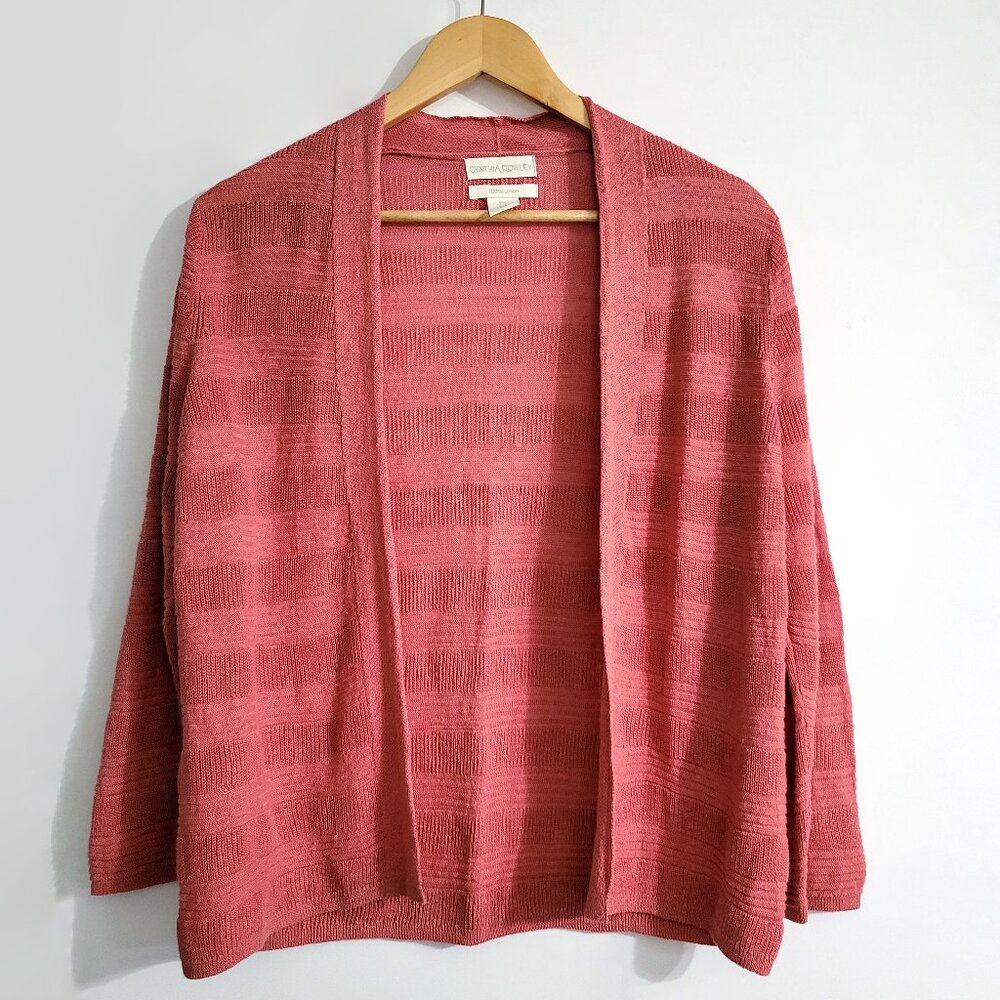 Cynthia Rowley Womens 100% Linen Open Front Cardigan Size L Pink Beach Knit Work